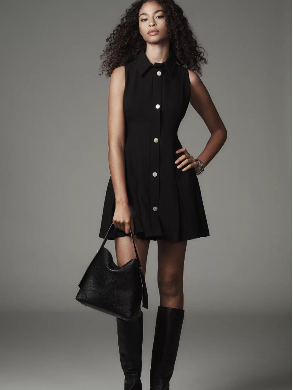 Maeve Sleeveless Button-Front A-Line Mini Dress in Black Size M